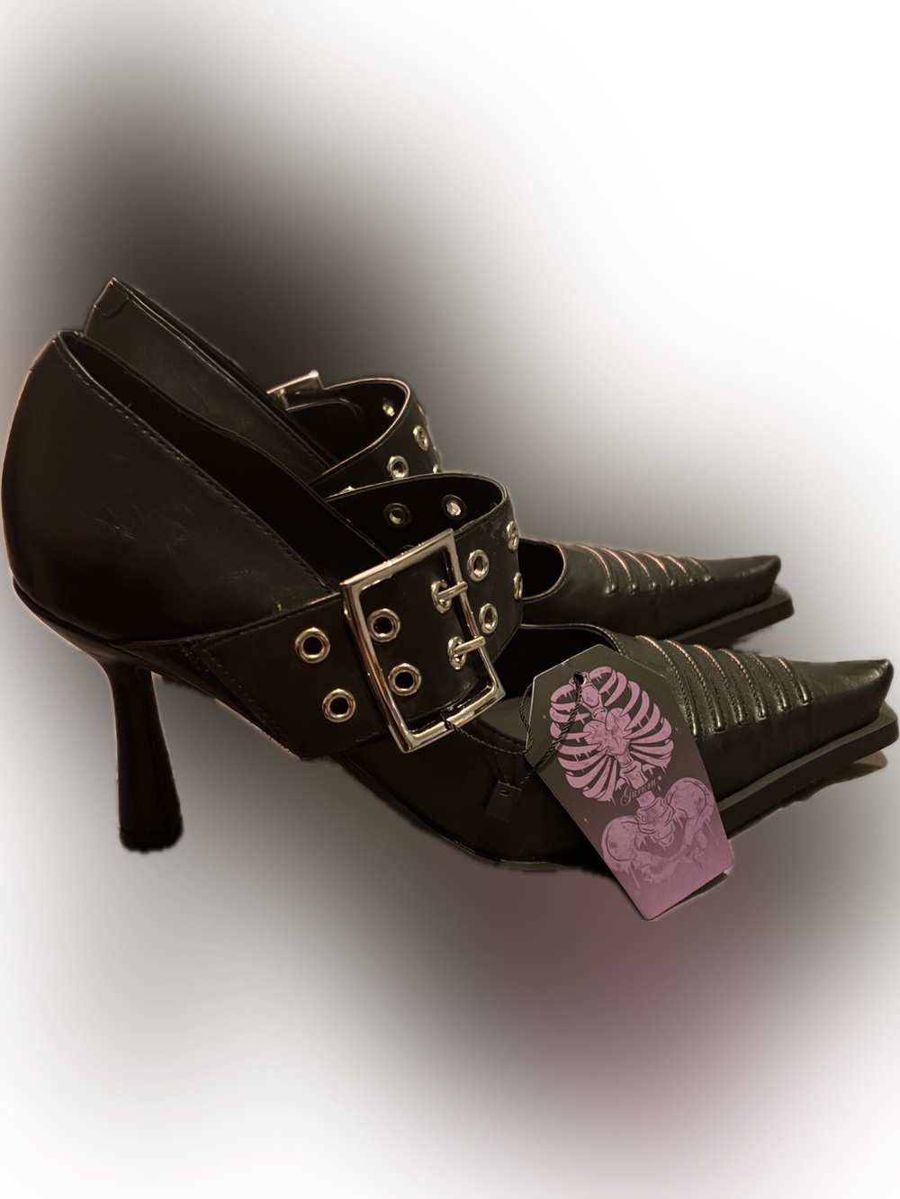 GURURU Goth Black Pointed Mary Jane Heels with Buckle Strap size 38 or 7.5